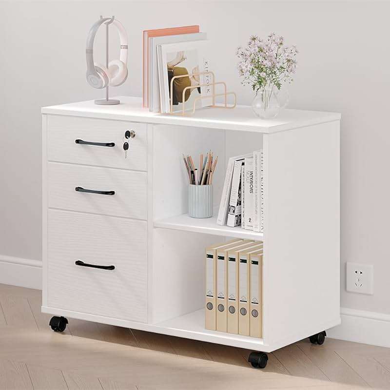 Panana 3 Drawer Office File Cabinets, Mobile Lateral Printer Stand with Open Storage Shelf, Rolling Filing Cabinet with Wheels Home Office Organization and Storage (White) - Image 10