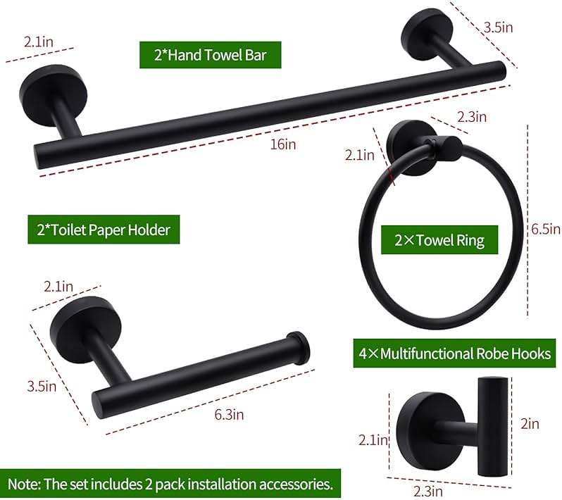 10pcs Bathroom Hardware Set, Including 16" Hand Towel Bars, Toilet Paper Holders, Towel Rings, Robe Towel Hooks - Image 3