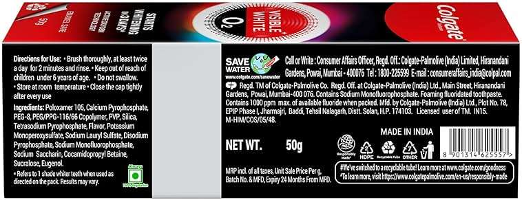 Colgate Visible White O2, Teeth Whitening Toothpaste (50g/1.7oz) - Image 8