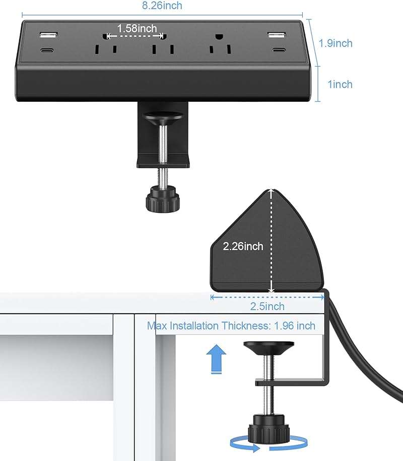 Jgstkcity Desk Clamp Power Strip,40W Total Fast Charging Station,2 PD 20W USB C Ports,Desk Edge Mount Surge Protector for Home, Office,3 Outlets,Fit 1.96" Tabletop Edge,ETL Listed - Image 6