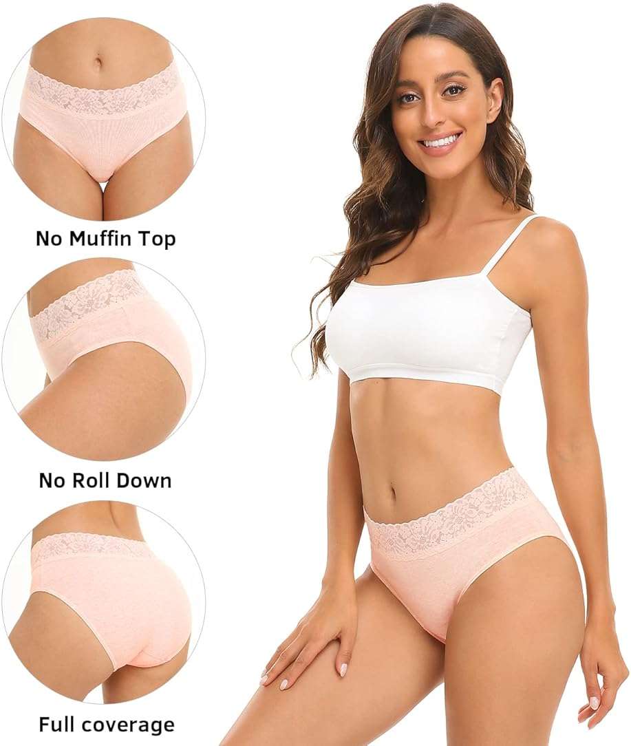 RHYFF Womens Underwear Cotton Bikini Panties Lace Soft Hipster Panty Ladies Stretch Full Briefs 5 Pack - Image 2