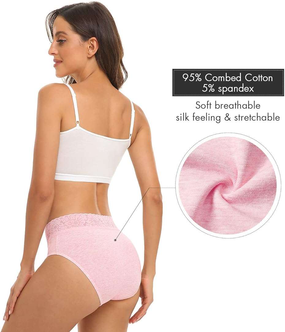 RHYFF Womens Underwear Cotton Bikini Panties Lace Soft Hipster Panty Ladies Stretch Full Briefs 5 Pack - Image 3