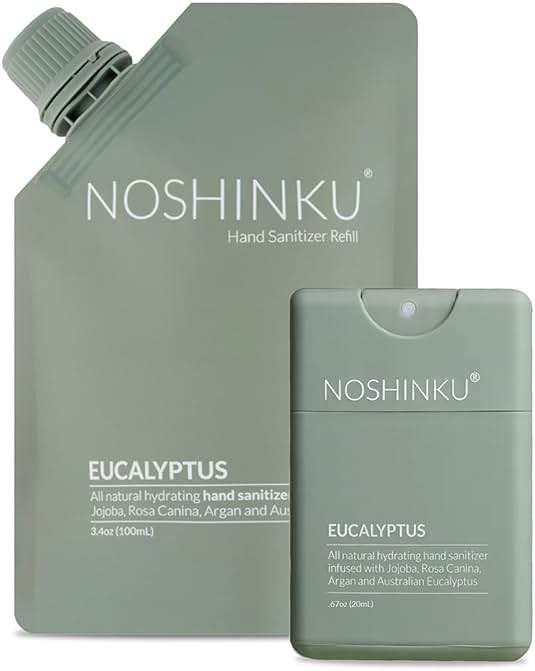 Noshinku Eucalyptus Pocket Hand Sanitizer Refill Kit: Refill Pouch + Sprayer Bundle | Organic Antibacterial Sanitizing Mist with Moisturizing Oils | FDA Registered | 70% Sugarcane Derived Alcohol - Image 1