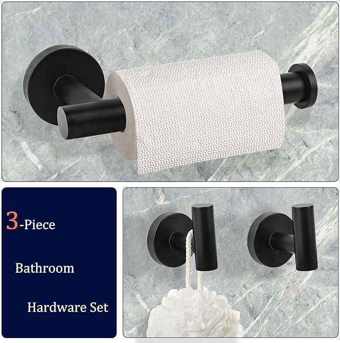 LCEZAN Matte Black Bathroom Hardware Set, Premium Stainless Steel 3-Piece Include 5 Inch Toilet Paper Holders and 2 Towel Robe Holder Hook for Bathroom, Kitchen, Washroom Wall Mount - Image 5
