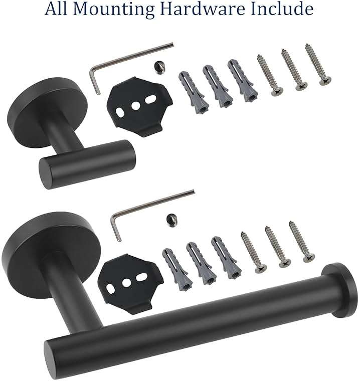 LCEZAN Matte Black Bathroom Hardware Set, Premium Stainless Steel 3-Piece Include 5 Inch Toilet Paper Holders and 2 Towel Robe Holder Hook for Bathroom, Kitchen, Washroom Wall Mount - Image 7
