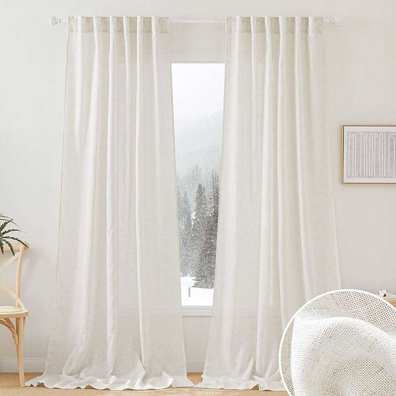 RYB HOME 108 inch Curtains - Flax Linen Blend Semi Sheer Light Glare Filtering Extra Long Drapes for Living Room Dining Doorway Farmhouse Office Sunroom, Linen, Wide 52" by Long 108", 2 Panels - Image 1