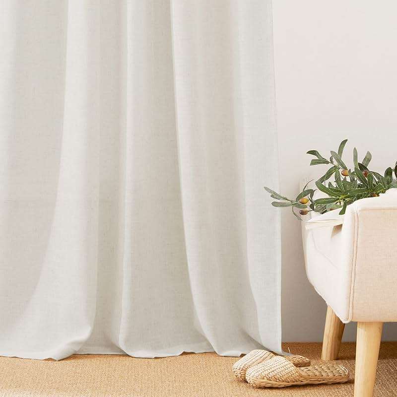 RYB HOME 108 inch Curtains - Flax Linen Blend Semi Sheer Light Glare Filtering Extra Long Drapes for Living Room Dining Doorway Farmhouse Office Sunroom, Linen, Wide 52" by Long 108", 2 Panels - Image 4