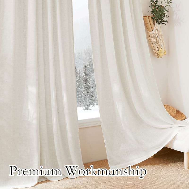 RYB HOME 108 inch Curtains - Flax Linen Blend Semi Sheer Light Glare Filtering Extra Long Drapes for Living Room Dining Doorway Farmhouse Office Sunroom, Linen, Wide 52" by Long 108", 2 Panels - Image 6