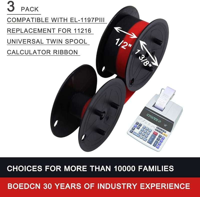 3 Pack Replacement for Porelon 11216 Twin Spool Calculator Ribbon - Universal GR24br Compatible with Sharp el-1197piii, Nukote BR80c, Casio fr-2650tm Adding Machine Ribbons (Black/Red) - Image 2