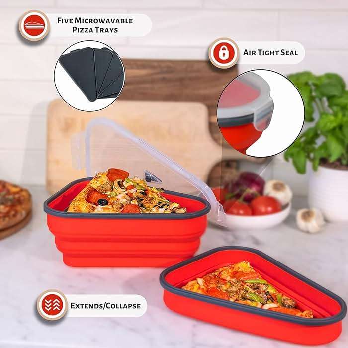 The Perfect Pizza Pack™ - Reusable Pizza Storage Container with 5 Microwavable Serving Trays - BPA-Free Adjustable Pizza Slice Container to Organize & Save Space, Red - Image 7