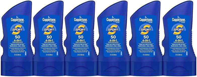 Coppertone Sport Sunscreen Lotion SPF 50, Sweat, Heat and Water Resistant Sunblock, Lightweight, Oxybenzone Free, Travel Size Sunscreen Bulk Pack, 3 Fl Oz Bottle, Pack of 6 - Image 1