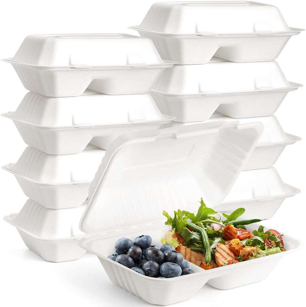 Elsjoy 90 Pack 2-Compartment Clamshell Take Out Containers, 9" x 6" Compostable Hinged Food Containers Disposable Bagasse To Go Lunch Boxes for Restaurant, Microwave Safe - Image 1