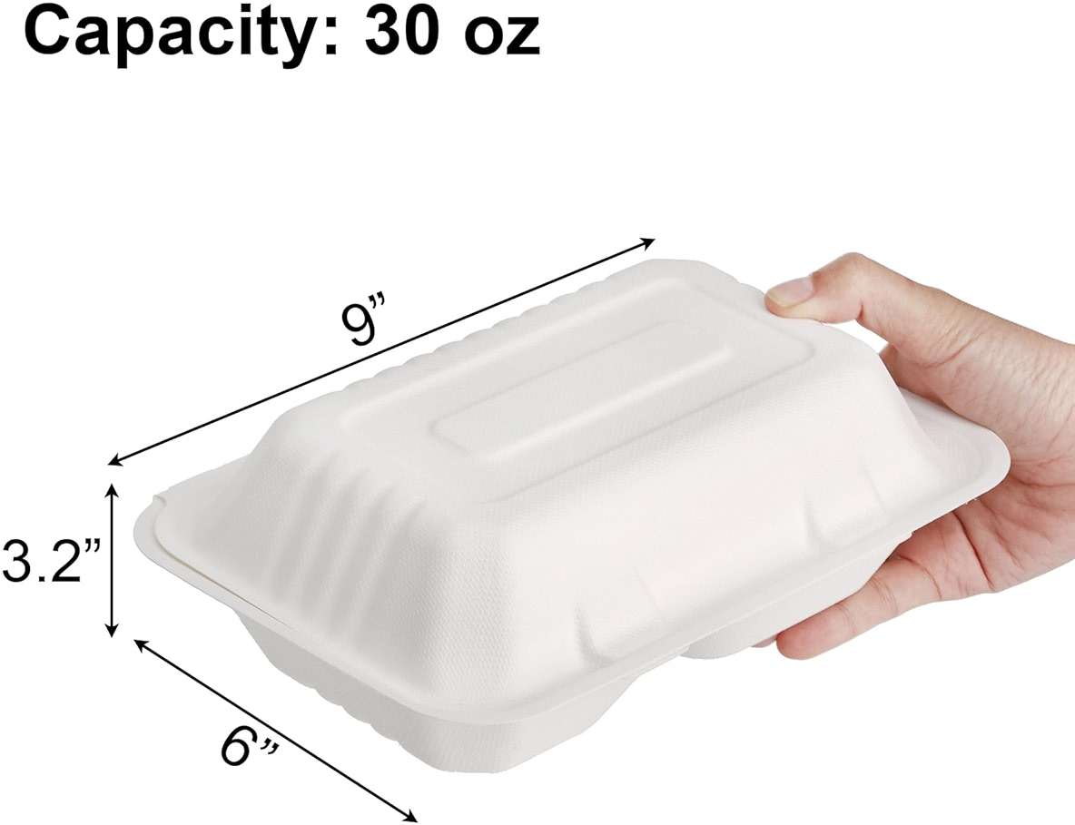 Elsjoy 90 Pack 2-Compartment Clamshell Take Out Containers, 9" x 6" Compostable Hinged Food Containers Disposable Bagasse To Go Lunch Boxes for Restaurant, Microwave Safe - Image 3