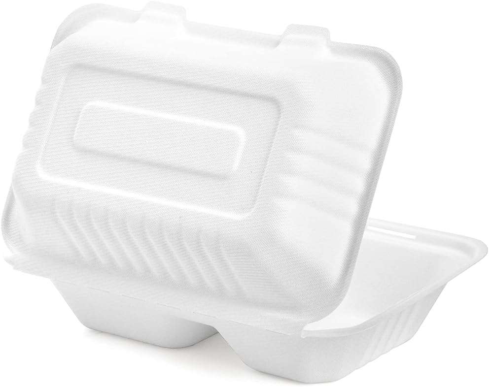 Elsjoy 90 Pack 2-Compartment Clamshell Take Out Containers, 9" x 6" Compostable Hinged Food Containers Disposable Bagasse To Go Lunch Boxes for Restaurant, Microwave Safe - Image 5