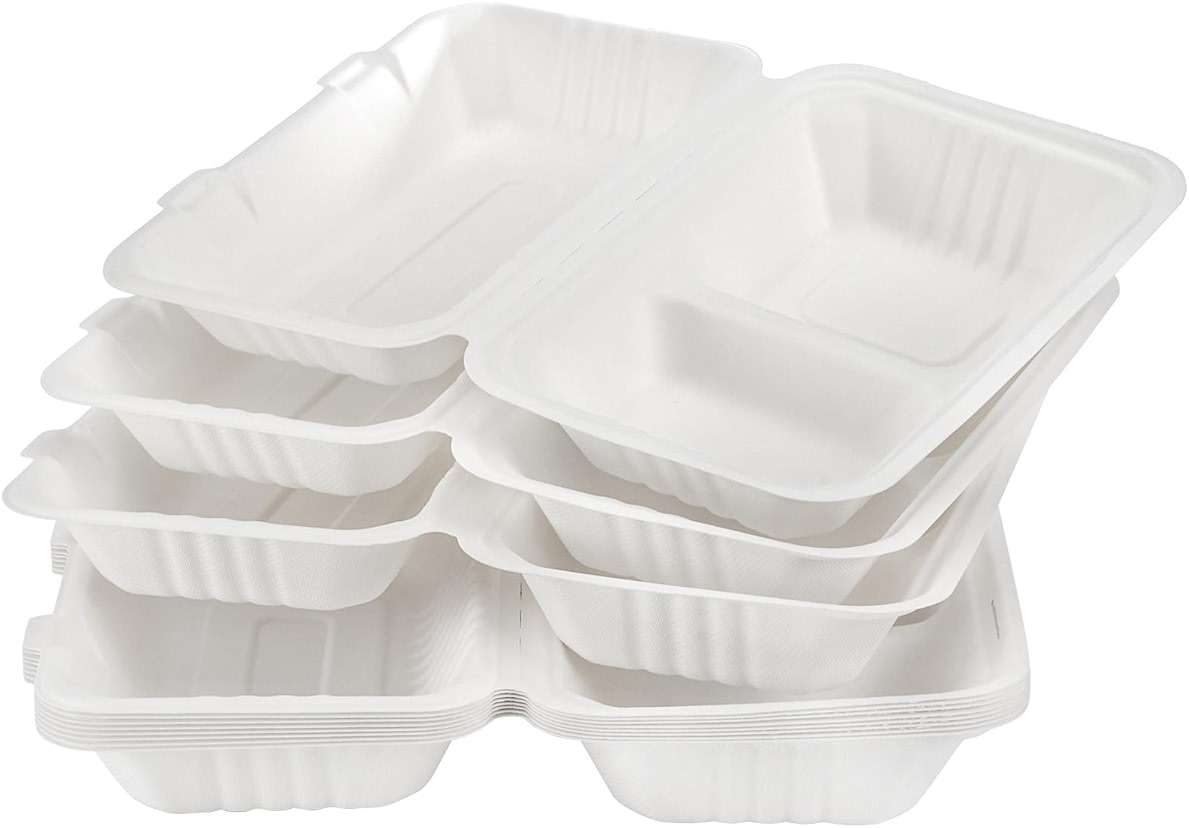Elsjoy 90 Pack 2-Compartment Clamshell Take Out Containers, 9" x 6" Compostable Hinged Food Containers Disposable Bagasse To Go Lunch Boxes for Restaurant, Microwave Safe - Image 7
