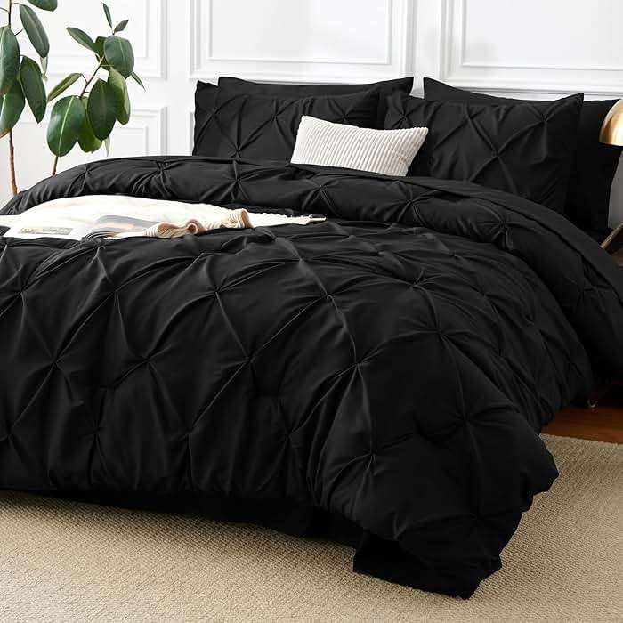 CozyLux Queen Comforter Set Black, 7 Pieces Pintuck Bed in A Bag, All Season Comforter Queen Size, Bed Set Gift for Family, Pinch Pleat Bedding Sets with Comforter, Sheets, Pillowcases & Shams - Image 1
