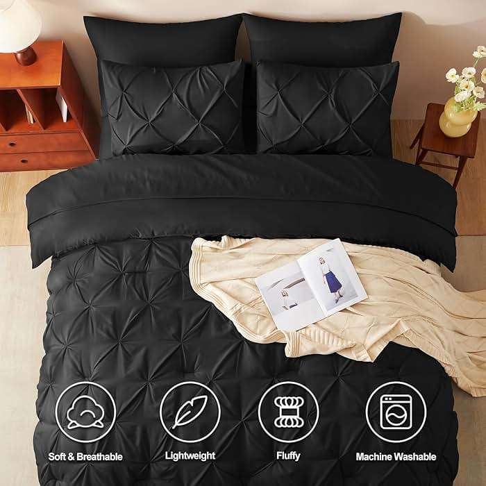 CozyLux Queen Comforter Set Black, 7 Pieces Pintuck Bed in A Bag, All Season Comforter Queen Size, Bed Set Gift for Family, Pinch Pleat Bedding Sets with Comforter, Sheets, Pillowcases & Shams - Image 2