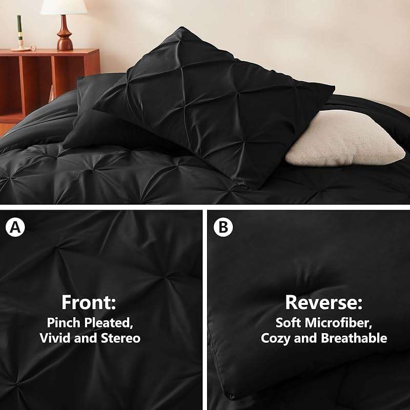 CozyLux Queen Comforter Set Black, 7 Pieces Pintuck Bed in A Bag, All Season Comforter Queen Size, Bed Set Gift for Family, Pinch Pleat Bedding Sets with Comforter, Sheets, Pillowcases & Shams - Image 3