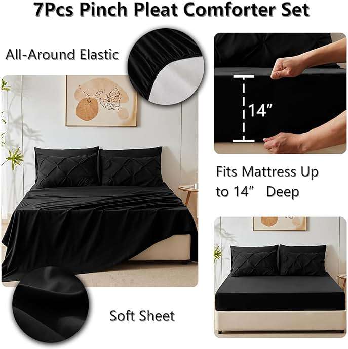 CozyLux Queen Comforter Set Black, 7 Pieces Pintuck Bed in A Bag, All Season Comforter Queen Size, Bed Set Gift for Family, Pinch Pleat Bedding Sets with Comforter, Sheets, Pillowcases & Shams - Image 5