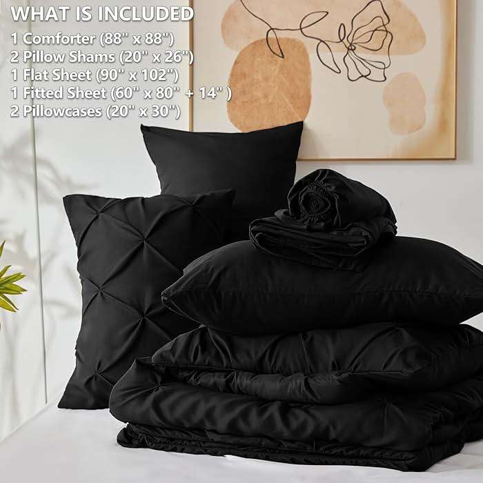 CozyLux Queen Comforter Set Black, 7 Pieces Pintuck Bed in A Bag, All Season Comforter Queen Size, Bed Set Gift for Family, Pinch Pleat Bedding Sets with Comforter, Sheets, Pillowcases & Shams - Image 6