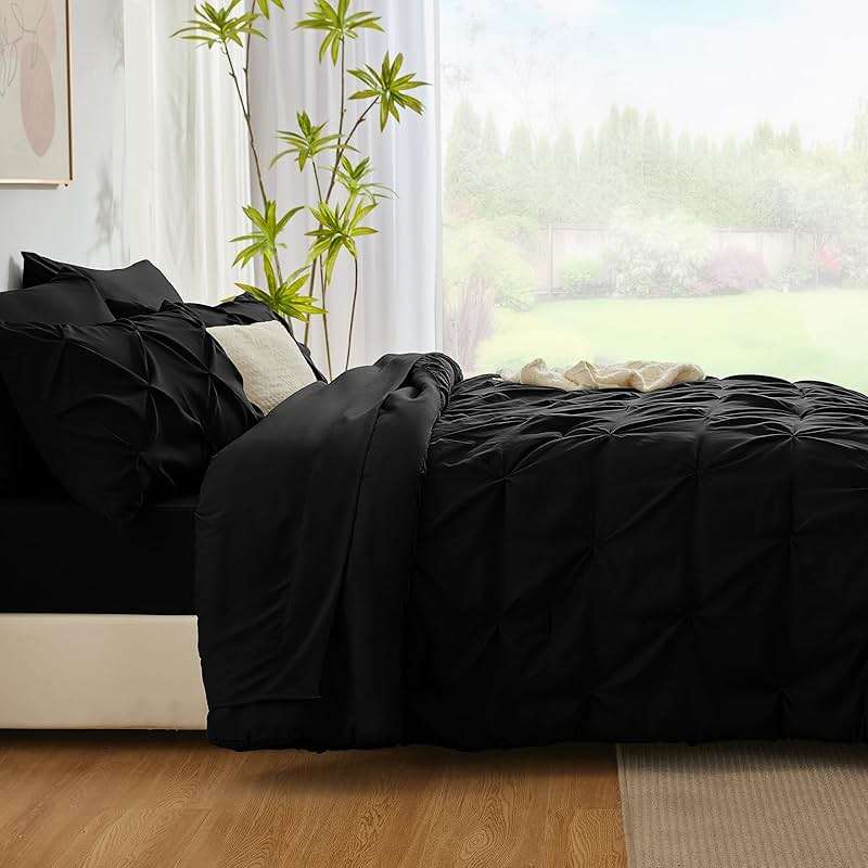 CozyLux Queen Comforter Set Black, 7 Pieces Pintuck Bed in A Bag, All Season Comforter Queen Size, Bed Set Gift for Family, Pinch Pleat Bedding Sets with Comforter, Sheets, Pillowcases & Shams - Image 8