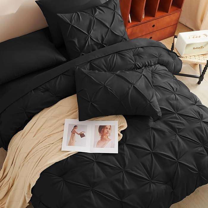 CozyLux Queen Comforter Set Black, 7 Pieces Pintuck Bed in A Bag, All Season Comforter Queen Size, Bed Set Gift for Family, Pinch Pleat Bedding Sets with Comforter, Sheets, Pillowcases & Shams - Image 9
