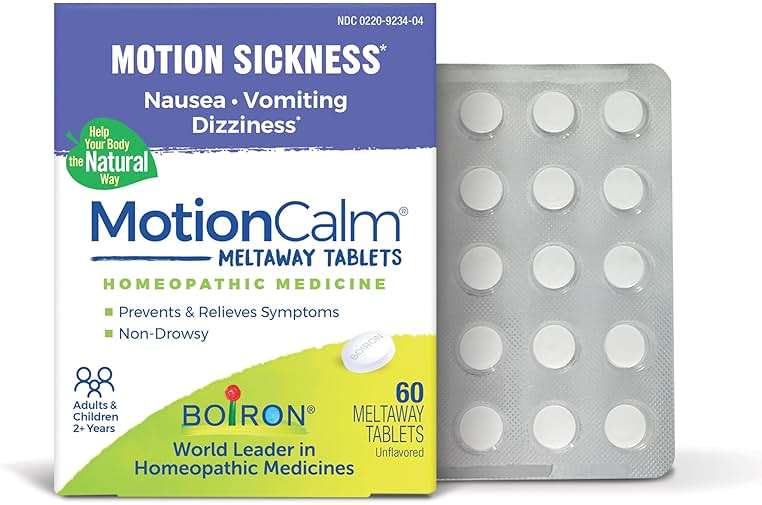 Boiron MotionCalm Relief for Nausea, Vomiting, or Dizziness associated with Motion Sickness Due to Travel, Amusement Rides, and Video Games or VR - Non-Drowsy - 60 Count - Image 1