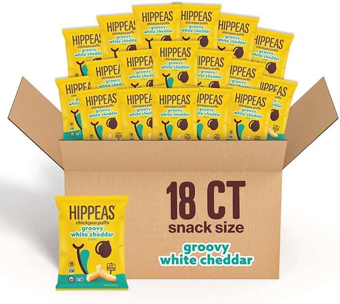 HIPPEAS Chickpea Puffs, Groovy White Cheddar, Gluten Free Snacks, Dairy Free, Vegan, 0.8oz, Pack of 18, 3g Protein, 2g Fiber, Crunchy, Nutritious, Baked Plant Protein Snack, Non-GMO, Kosher - Image 1