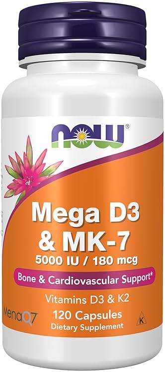 NOW Supplements, Mega D-3 & MK-7, 5000 IU / 180 mcg, Bone & Cardiovascular Support*, Vitamins K-3 & K-2, 120 Capsules - Image 1