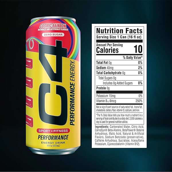 C4 Performance Energy Drink Cosmic Rainbow, Zero Sugar Carbonated Preworkout Energy, 200mg Caffeine with Beta Alanine, 16 Fl Oz (12 Pack), Packaging May Vary - Image 2