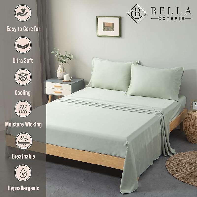 Bella Coterie Luxury Bamboo Viscose Queen Size Sheet Set | 100% Organically Grown | Ultra Soft | Cooling for Hot Sleepers | 18" Deep Pocket [Sea Glass] - Image 2