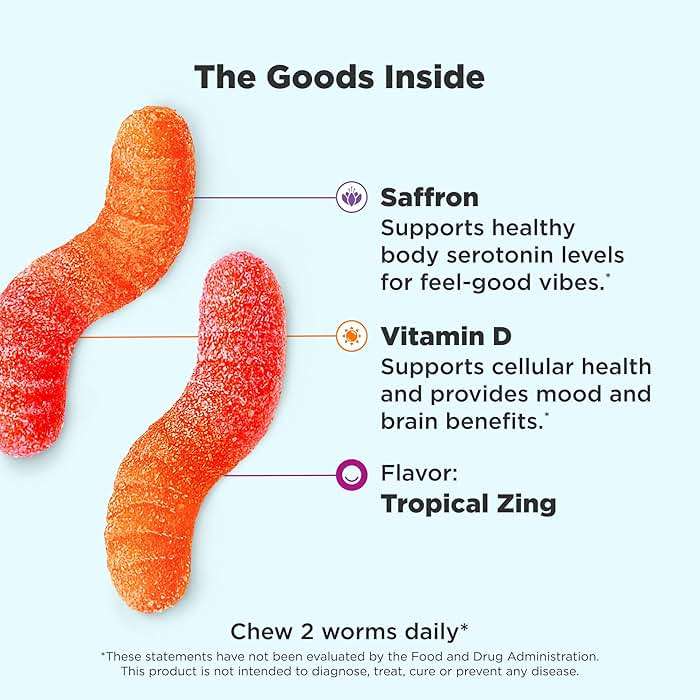 OLLY Hello Happy Gummy Worms, Mood Balance Support, Vitamin D, Saffron, Adult Chewable Supplement, Gluten Free, Tropical Zing - 90 Count - Image 2