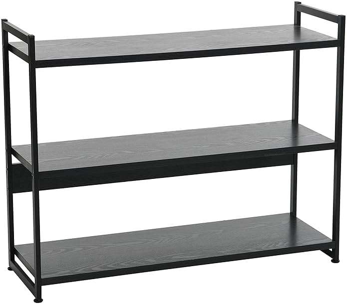 Household Essentials Jamestown Wide 3 Shelf Open Storage Bookshelf Black Oak Wood Grain and Black Metal - Image 1