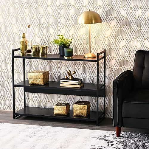 Household Essentials Jamestown Wide 3 Shelf Open Storage Bookshelf Black Oak Wood Grain and Black Metal - Image 2
