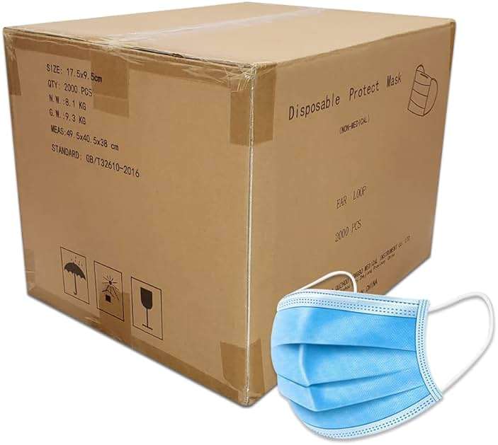 2,000 Blue Disposable Face Masks 2000 Protective 3-Ply Breathable Comfortable Nose/Mouth Coverings for Home & Office | Elastic Ear Loop 3-Layer Safety Shield for Adults/Kids. On the go 40 Packs of 50 - Image 1