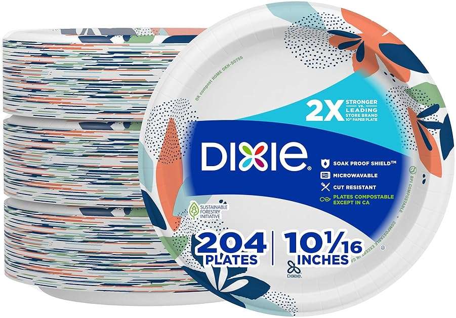 Dixie Large Paper Plates, 10 Inch, 204 Count, 2X Stronger*, Microwave-Safe, Soak-Proof, Cut Resistant, Disposable Plates For Everyday Breakfast, Lunch, & Dinner Meals - Image 1