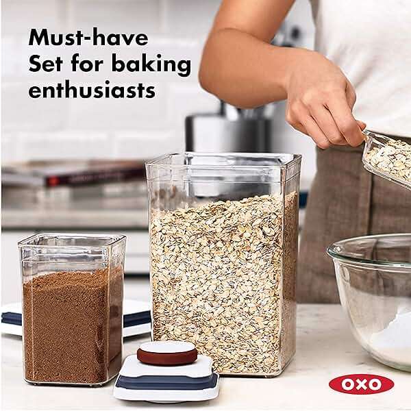 OXO Good Grips 6 Piece Canister Set with Scoops + 8-Piece Baking Essentials POP Container Set, White - Image 2