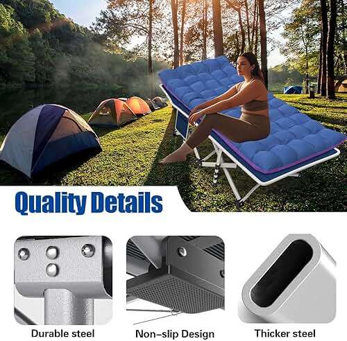 GETOVIN Cot Camping Cot with Thick Pad Cots for Sleeping Camping Bed Folding Cot 450LBS(Max Load) Comfortable Double Layer Oxford Heavy Duty with Carry Bag for Home Outdoor Travel - Image 5