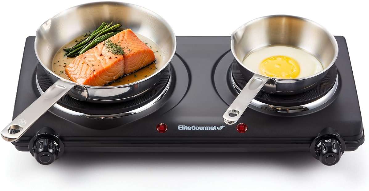 Elite Gourmet EDB-302BF# Countertop Double Cast Iron Burner, 1500 Watts Electric Hot Plate, Temperature Controls, Power Indicator Lights, Easy to Clean, Black - Image 1