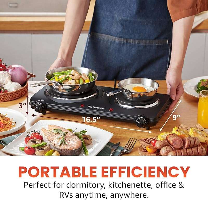 Elite Gourmet EDB-302BF# Countertop Double Cast Iron Burner, 1500 Watts Electric Hot Plate, Temperature Controls, Power Indicator Lights, Easy to Clean, Black - Image 2