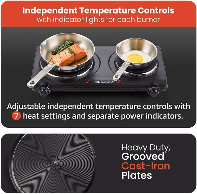 Elite Gourmet EDB-302BF# Countertop Double Cast Iron Burner, 1500 Watts Electric Hot Plate, Temperature Controls, Power Indicator Lights, Easy to Clean, Black - Image 4