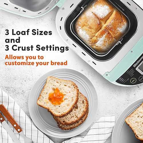 Elite Gourmet Programmable Bread Maker, 2 lb Loaf, 3 Sizes, 19 Presets incl. Gluten-Free, Dough & Jam, Delay Timer, Mint - Image 5