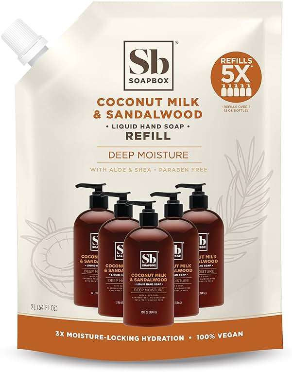 Soapbox Coconut Milk & Sandalwood Liquid Hand Soap Refill, Moisturizing Hand Wash - Gentle Cleanser for Hands - Clean Ingredients Free of Harsh Chemicals, Sulfates, Parabens & Silicones - 64 oz - Image 1