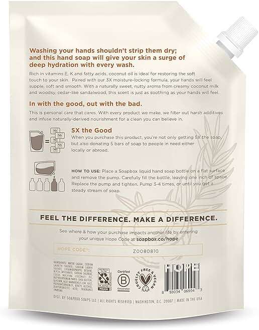 Soapbox Coconut Milk & Sandalwood Liquid Hand Soap Refill, Moisturizing Hand Wash - Gentle Cleanser for Hands - Clean Ingredients Free of Harsh Chemicals, Sulfates, Parabens & Silicones - 64 oz - Image 5