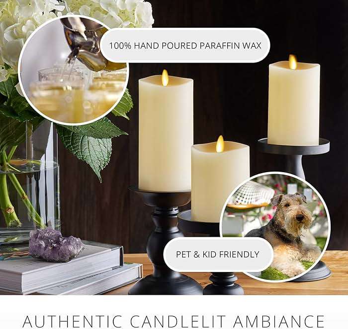 Luminara Realistic Flameless LED Set of 3 Ivory Pillar Candles, Home Safe Moving Flame Melted Top Illumination, Battery Operated Remote Control w/Timer - Image 3