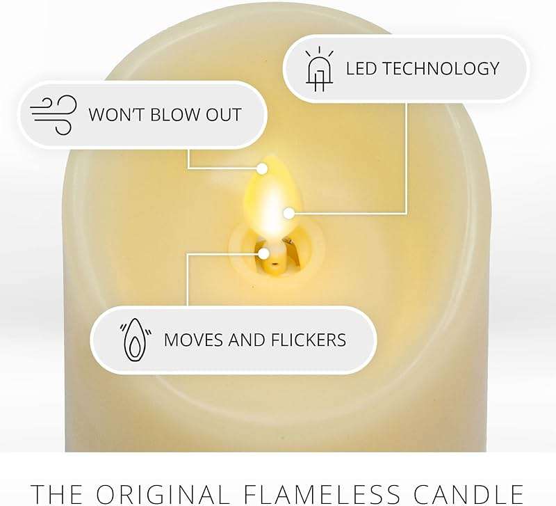 Luminara Realistic Flameless LED Set of 3 Ivory Pillar Candles, Home Safe Moving Flame Melted Top Illumination, Battery Operated Remote Control w/Timer - Image 4