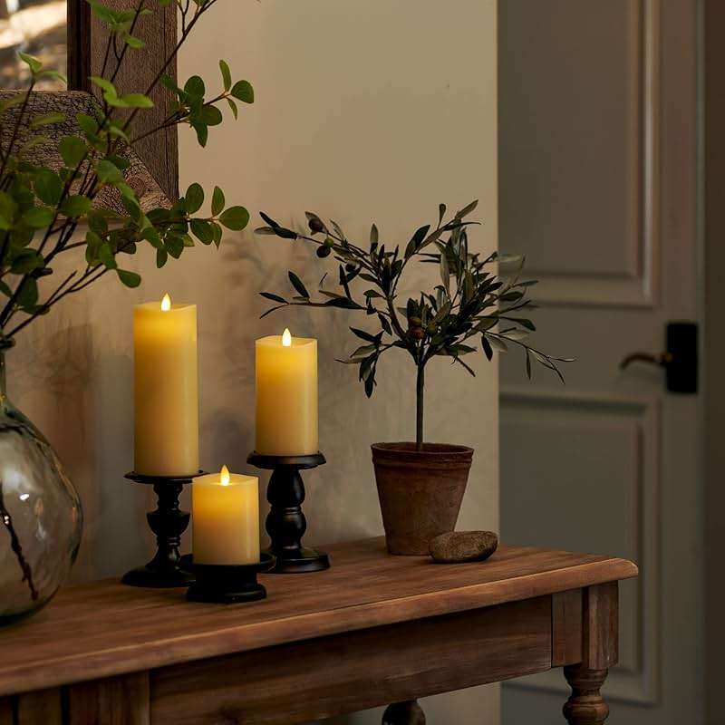 Luminara Realistic Flameless LED Set of 3 Ivory Pillar Candles, Home Safe Moving Flame Melted Top Illumination, Battery Operated Remote Control w/Timer - Image 7