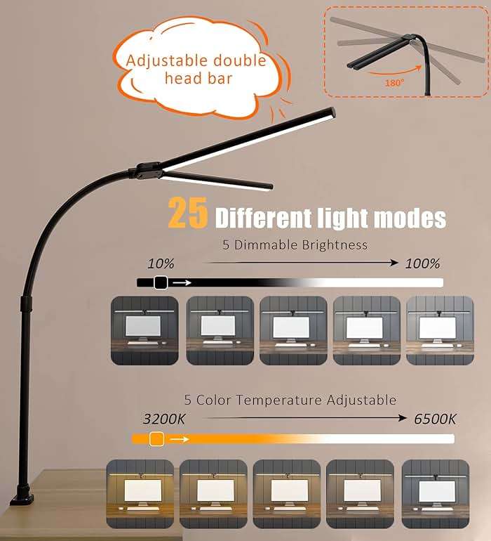 Ksunun Double Head LED Desk Lamp, Architect Desk Lamps for Home Office, 24W Brightest Workbench Office Lighting-5 Color Modes and 5 Dimmable Eye Protection Modern Desk Lamp for Monitor Reading - Image 5