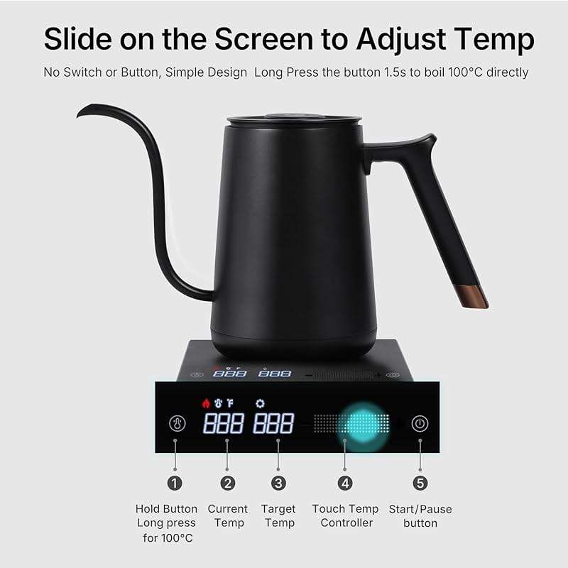 TIMEMORE Fish Smart Electric Coffee Kettle 600ML, Gooseneck Pour Over Kettle for Coffee and Tea Variable Temperature Control, Home Edition Black - Image 4