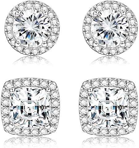 1-2 Pairs 925 Sterling Silver Mens Earrings Cubic Zirconia Halo Stud Earrings for Men 18K Gold Plated Heart/Round/Square Cut CZ Stud Earrings Set for Women Men - Image 1